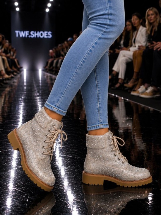 forever Shoes - NIB Wonder Sparkling Rhinestone Combat Ankle Boots Metallic Rose Gold Champagne